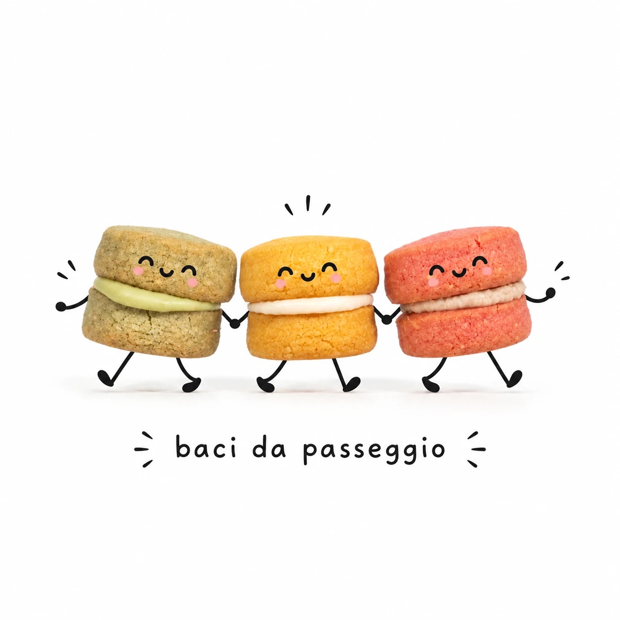 Tre Baci POP disegnati mentre camminano, con la scritta baci da passeggio