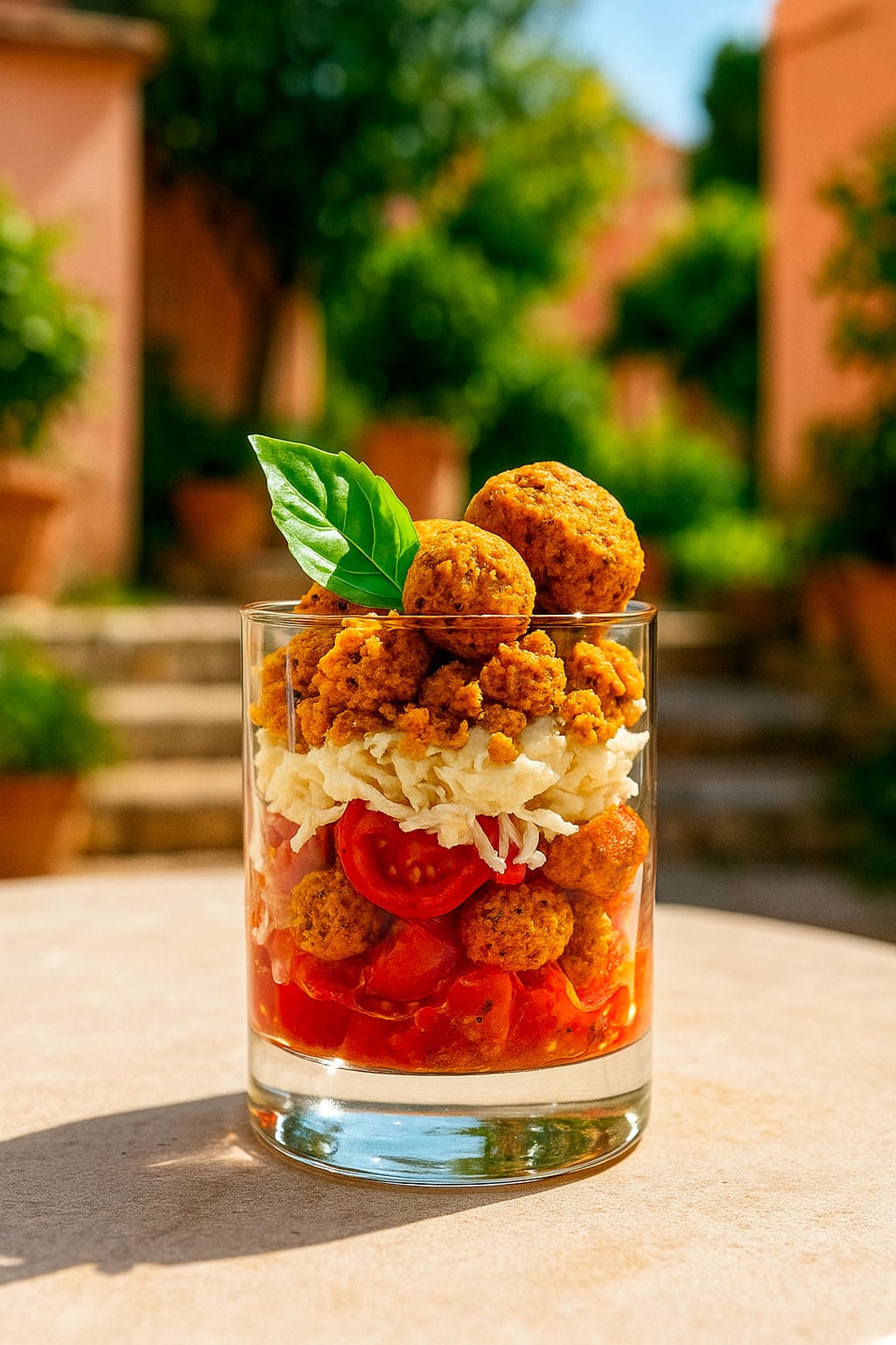 Caprese Scomposta nel Bicchiere con Crumble di SALATì Pomodoro e Origano