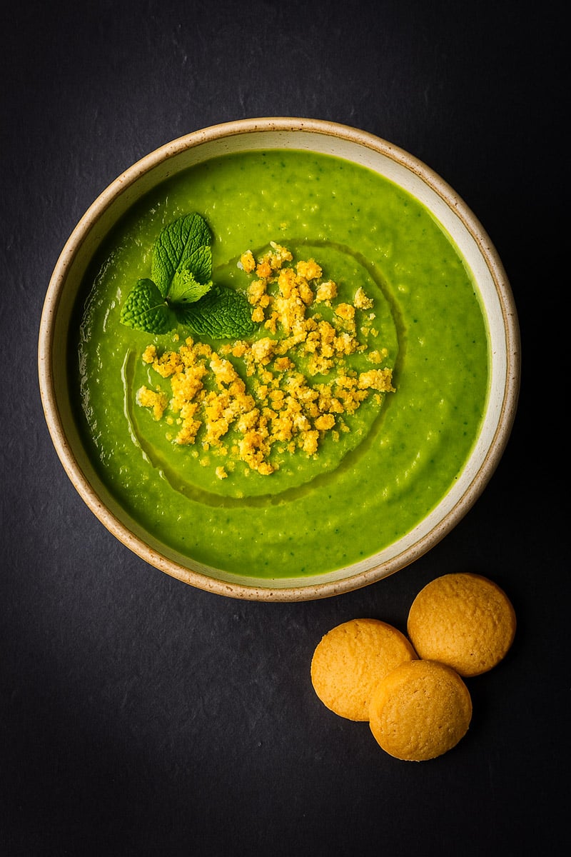 Crumble di Salatì all'Olio Extravergine su Vellutata di Piselli alla Menta