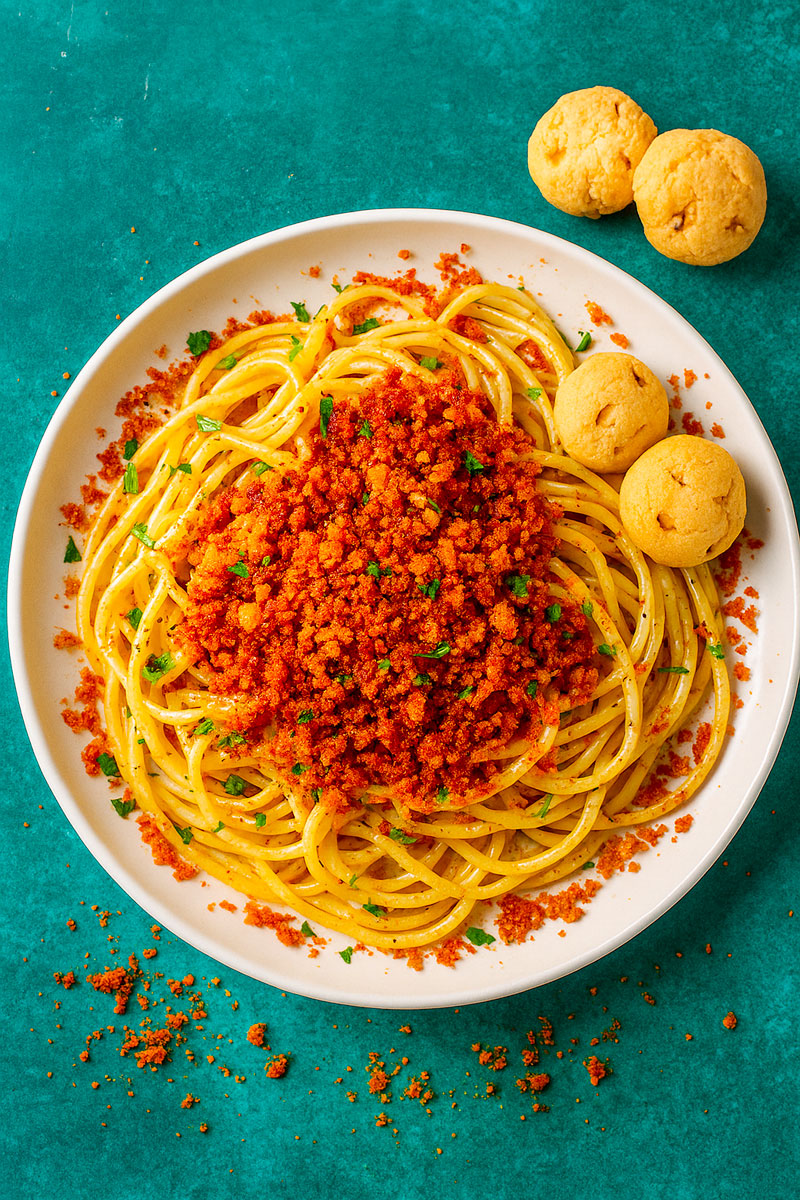 Spaghetti Aglio, Olio e "Pangrattato Infuocato" con Salatì al Peperoncino