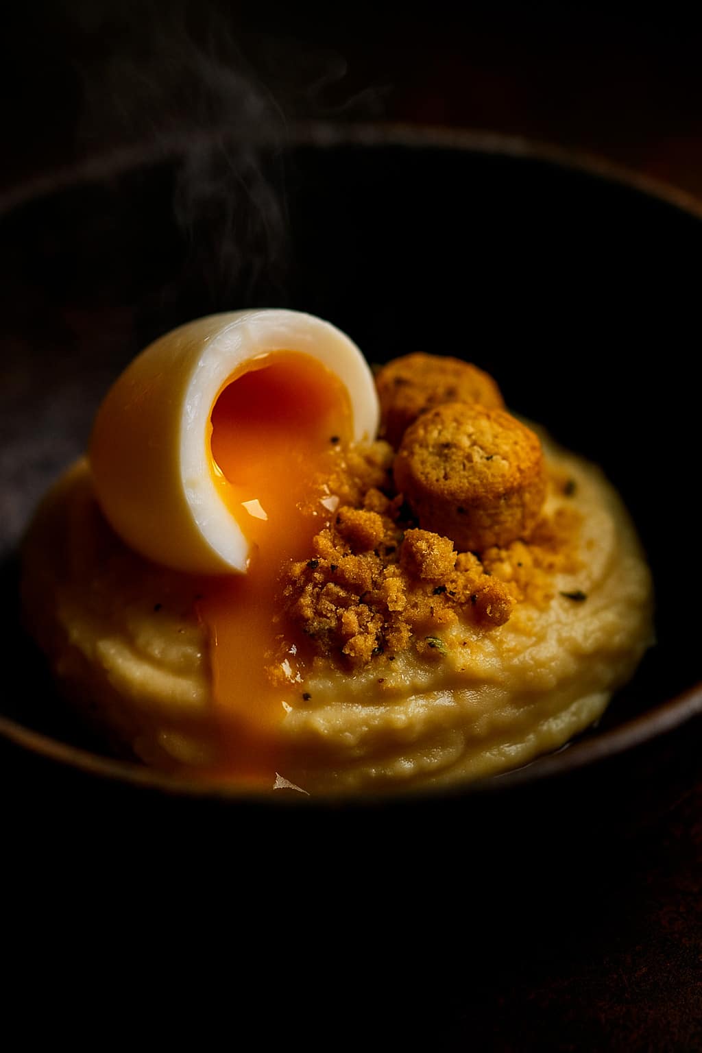 Uovo Barzotto, Crema di Patate e Crumble di Salatì all'Erba Cipollina